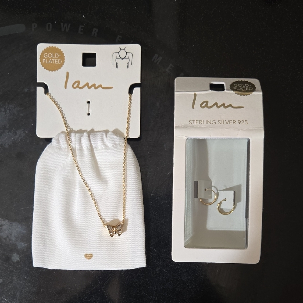 Gold-Plated Butterfly Necklace and Hoop Earrings Set